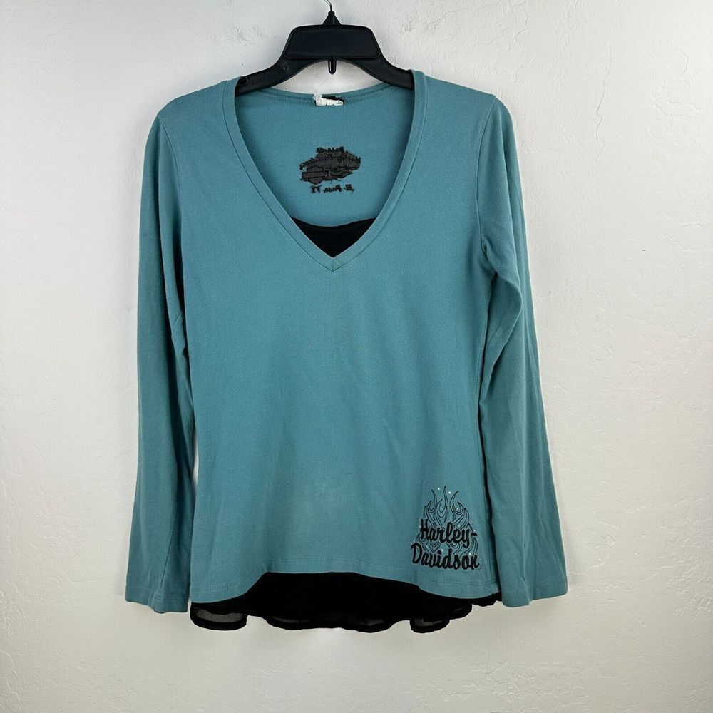 Vintage Harley Davidson Top Womens M Blue Black Bikercore Flames Rhinestone Y2K